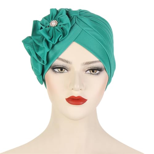 Flower Turban Hats for Women - Ruffle Bead Stretch Solid Caps Chemo Cancer Pre Tied Headscarf Headwear - color: Teal