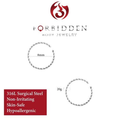 Forbidden Body Jewelry Nose Rings Set Surgical Steel Braided Hoops for Pierced and Fake Nose and Cartilage Piercings 14G-20G - style: 20g 8mm Silver Tone (2pcs)