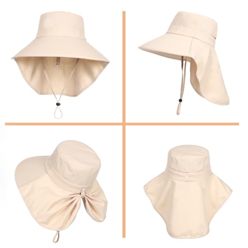 LA CARRIE Women Sun Hats Breathable Wide Brim UV Protection UPF 50+ with Neck Flap Hat for Summer Beach - color: Creamy White