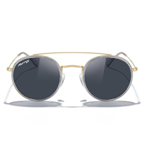 MERRY'S Retro Round Polarized Sunglasses - Unisex Double Bridge Sun Glasses - color: Tra Gray Frame/Gold Bridge/Black Lens