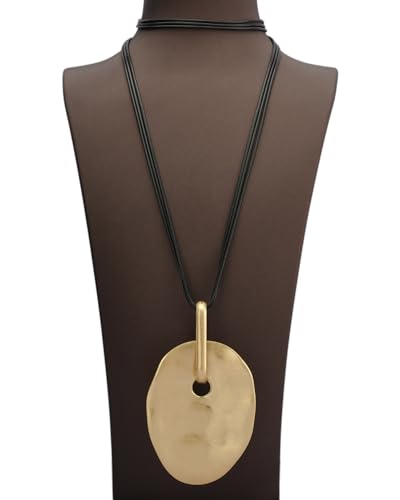 GelConnie Leather Necklace for Women Large Pendant Long Brown Necklace Circle Leather Choker Vintage Sweater Necklace Gold Chunky Boho Necklaces for Women - style: Large Stone Choker Necklace
