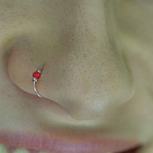 925 Sterling Silver & 14K Gold Filled Nose Ring Hoop Handmade Piercing Jewelry For Women - 24 Gauge 2mm,7mm Tiny Nose Ring with Opal - Gift Ready - color: Red Opal Silver