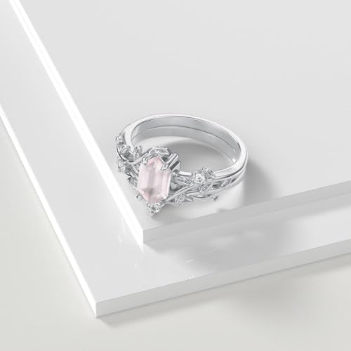 Natural Moss Agate Ring for Women 925 Sterling Silver Pear/Oval/Kite/Heart/Hexagon/Emerald/Coffin Cut Green Leaf Moss Agate Engagement Ring Promise Bridal Set Anniversary Birthday Jewelry Gifts - color: Long Hexagon Cut Rose Quartz