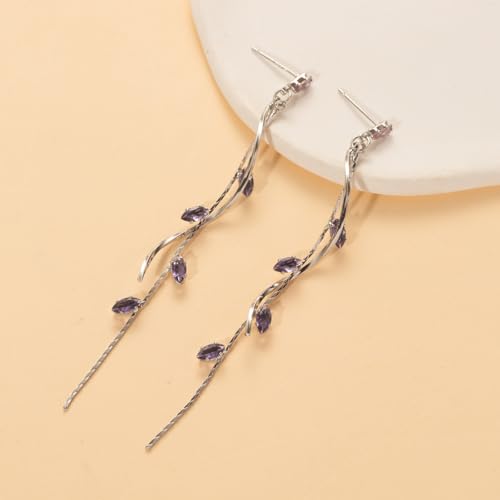 Temperament Long Zircon Tassel Earrings for Women Charm Jewelry Sparkling Crystal Leaves Twist Dangle Earrings for Friends - color: Silver-Purple Leaves