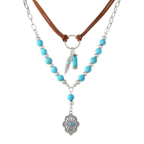 ONLYJUMP Boho Turquoise Leather Choker Necklace for Women Bohemian Handmade Leaf Layered Black Brown Suede Western Cowlady Necklace Western Country Party Jewelry Gifts - style: Feather