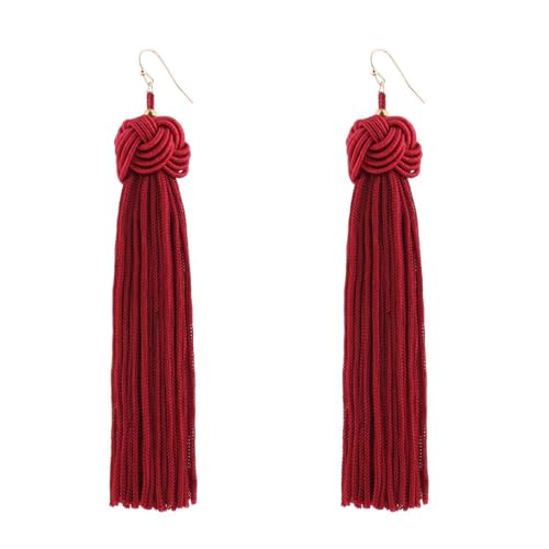 Tassel Dangle Earrings for Women, Handwoven Knot Top Boho Fringe Earrings Lightweight Long Drop Earrings with French Hook, Fashion Statement Jewelry for Party Vacation Daily Wear - color: red