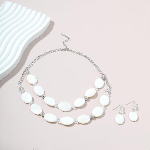2 Layered Chunky Beaded Shell Necklace for Women Sea Shell blue/yellow/red/green/turquoise/teal/white Statement Necklace and Earring Set Elegant Women Necklace Set Jewelry Sets for Women - color: White