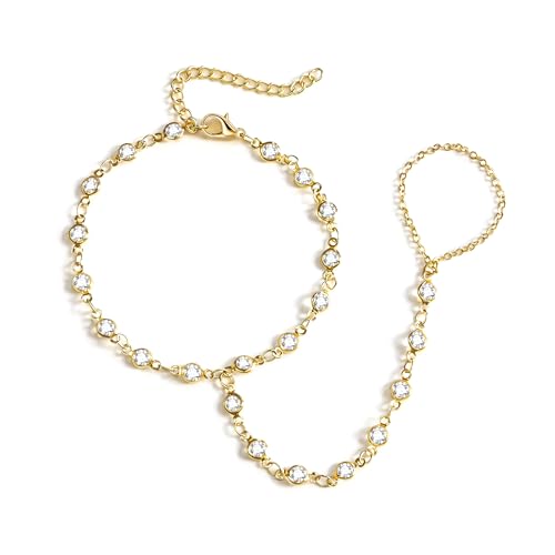 BAYLAY Hand Chain Bracelet, 14K Gold Plated Ring Bracelet Hand Chain Dainty Gold Bracelet for Women Trendy Finger Ring Slave Bracelets Hand Jewelry for Women Summer Beach Boho Gifts Trendy Stuff - color: Multi CZ