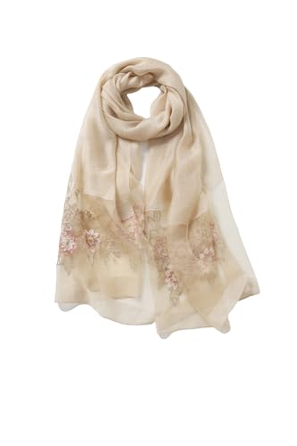 Jeelow Silk Blend Floral Fashion Scarf Shawl Wrap Lightweight Sheer For Women Floral Embroidery Wedding Party Prom - color: Champagne Bloom