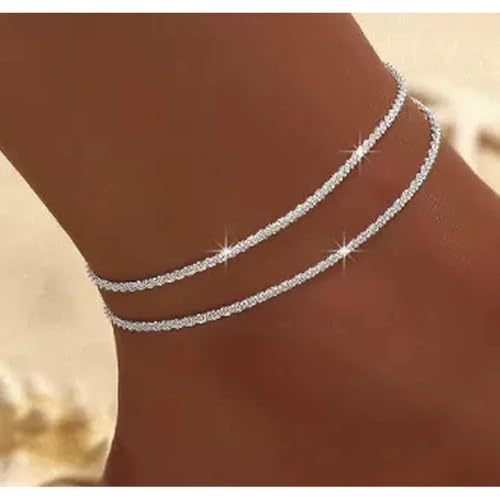 Shiny Silver Anklets for Women Dainty Layered Waterproof Ankle Bracelets Set Minimalist Adjustable Stackable Anklet Cuban Chain Summer Beach Foot Ornament Gift for Wife Daughter Girlfriend 2PCS