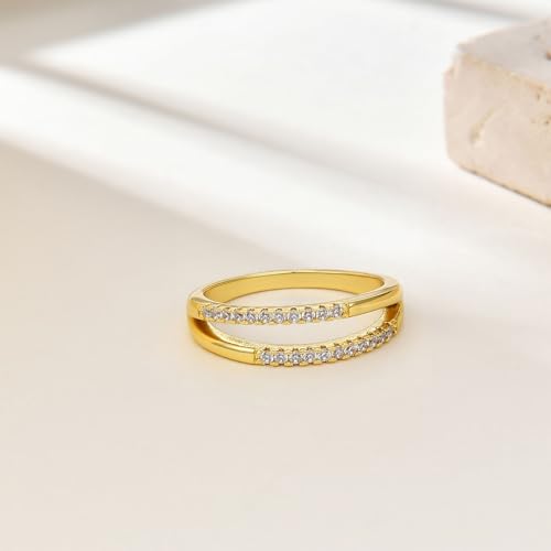 FISSEN JEWELRY Gold Rings for Women, Non Tarnish Dainty 14k Gold Plated Silver CZ Cross Ring Cute Cubic Zirconia Pinky Thumb Stackable Band Silver Finger Rings Size 6-10 Jewelry for Her - color: Gold Diamond Parallel
