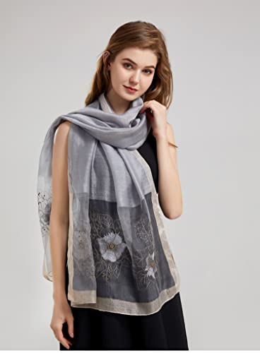 Jeelow Silk Blend Floral Fashion Scarf Shawl Wrap Lightweight Sheer For Women Floral Embroidery Wedding Party Prom - color: Purple Wool