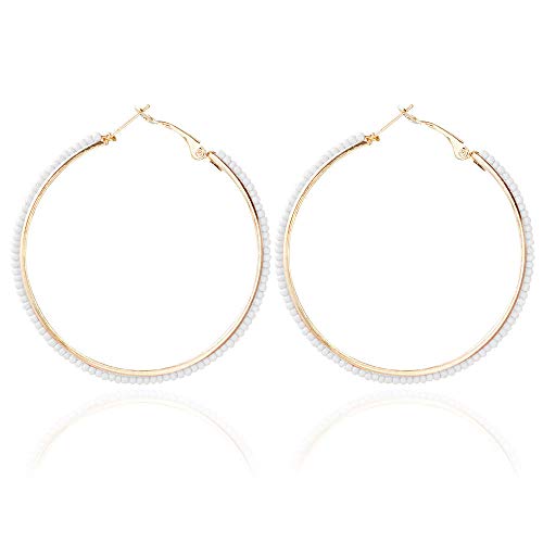 2 Pairs Bohemian Colorful Beads Circle Round Hoop Earrings Gold Hoop Dangle Earrings for Women Vintage Boho Jewelry - color: white