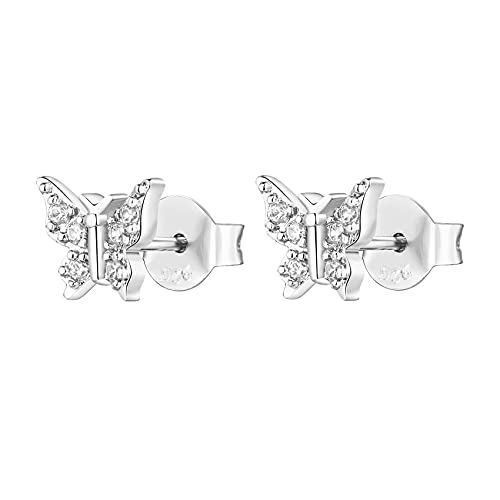PAVOI 14K Gold Plated Dainty Stud Earrings for Women - 925 Sterling Silver Posts Earrings with Cubic Zirconia - Celestial Lightning Bolt, Moon, Star, and Flower Gold Jewelry Gifts - style: Butterfly