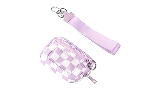 Wristlet Wallet for Women Mini Zip Card Case with Clear ID Window Zipper Coin Purse Lightweight Portable Keychain Wallet - color: Purple Lattice