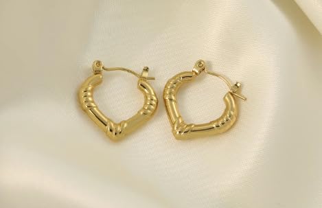 18K Gold Plated Bamboo-Textured Heart Hoop Earrings – Vintage Tribal Style Lightweight Earrings for Women