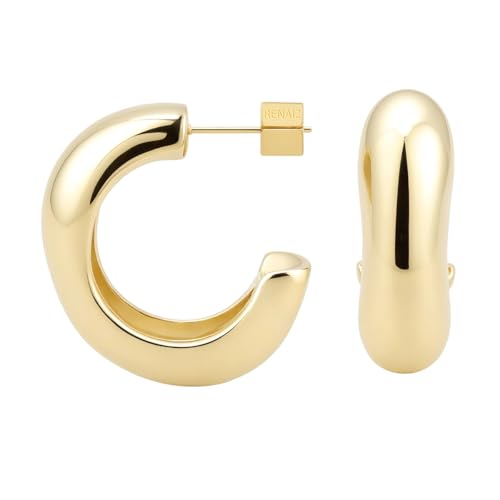 RENAIZ Bold Statement Hoop & Stud Earrings for Women – 14K Gold & Rhodium Plated Maximalist Jewelry, Chunky Geometric Boho Earrings, Hypoallergenic Non-Tarnish Trendy Gift - color: Yellow Gold, style: Thick Cylinder