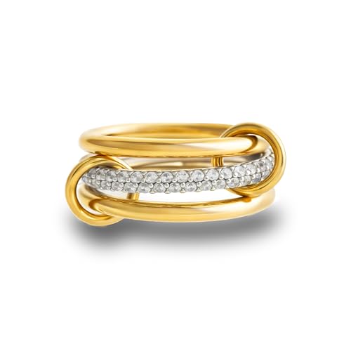 BKC Gold Stackable Rings for Women, 14k Gold Plated Chunky Statement Cubic Zirconia Rings, Silver Gold Multi Ring Interlocking Mixed Metals Stack Rings Set Non Tarnish - color: Modernist set, size: 9