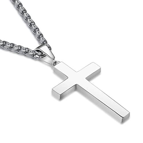 P. BLAKE Cross Necklace for Men Boys- Stainless Steel Cross Pendant with 16-24 Inches Chain Christian Religious Jewelry Gifts - size: 22 inches, style: Silver Pendant 1.7*0.9