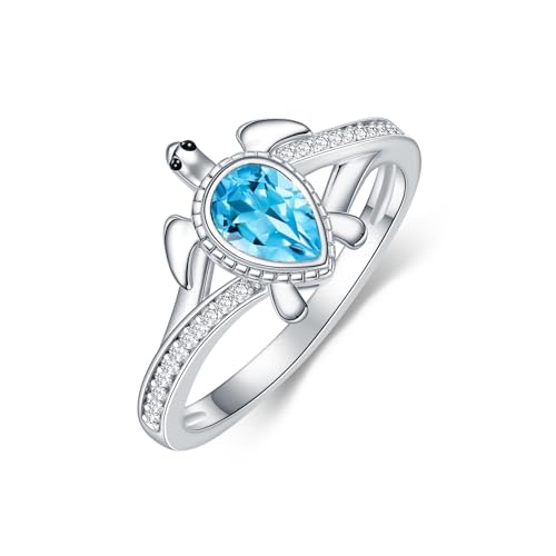 Sea Turtle Ring for Women 925 Sterling Silver Pear Shaped Birthstone Ocean Statement Ring for Ladies - color: Swiss Blue Topaz
