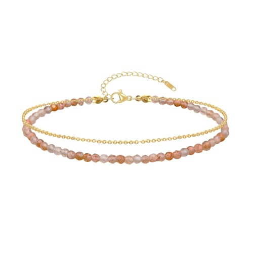 Ankle Bracelet for Women, Dainty 18k Gold Natural Stone Beaded Anklet Adjustable Double Ankle Chain Waterproof Summer Boho Foot Jewelry Birthday Anniversary Graduation Gifts - color: Sunstone