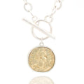 Chunky Gold Coin Pendant Necklace Trendy Layered Statement Chain for Women, Antique Toggle Design with Thick Link, Fashionable Necklaces for Women - color: Sliver/Worn Gold