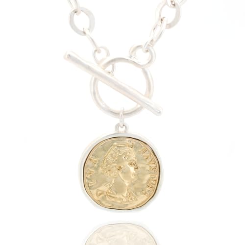 Chunky Gold Coin Pendant Necklace Trendy Layered Statement Chain for Women, Antique Toggle Design with Thick Link, Fashionable Necklaces for Women - color: Sliver/Worn Gold