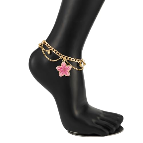 Ankle Bracelets for Women Gold Anklets for Women Waterproof Summer Beach Jewelry Pink Blue White Silver Flower Anklets for Women Plus Size Anklet Bracelet for Big Ankles Foot Jewelry - color: 4 - pink