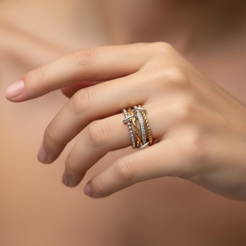 Gold Stackable Ring Set for Women Non Tarnish 316L Stainless Steel Cubic Zirconia Rings Silver Gold Multi Band Thumb Ring Mixed Metals 4 in 1 Interlocking Fashion Thin Dainty Unique Christmas Birthday Jewelry Gift
