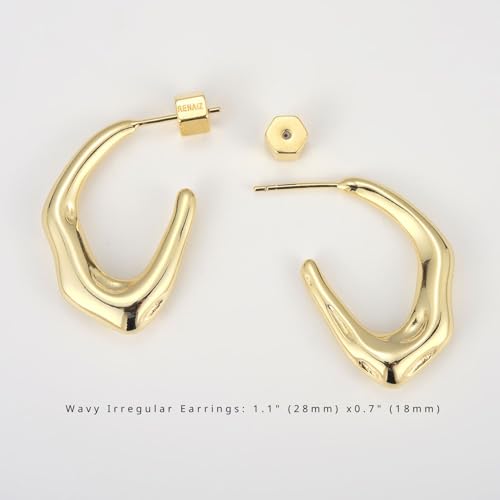 RENAIZ Bold Statement Hoop & Stud Earrings for Women – 14K Gold & Rhodium Plated Maximalist Jewelry, Chunky Geometric Boho Earrings, Hypoallergenic Non-Tarnish Trendy Gift - color: Yellow Gold, style: Wavy Irregular