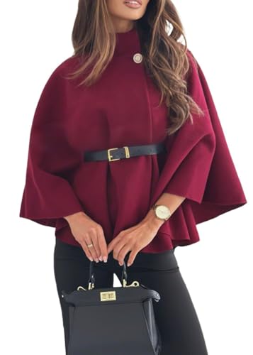 Zaswen Batwing Long Sleeve Cloak Coats for Women Fall Winter Stand Up Collar Oversized Cape Poncho Jackets with Belted - color: Wine Red, size: Small