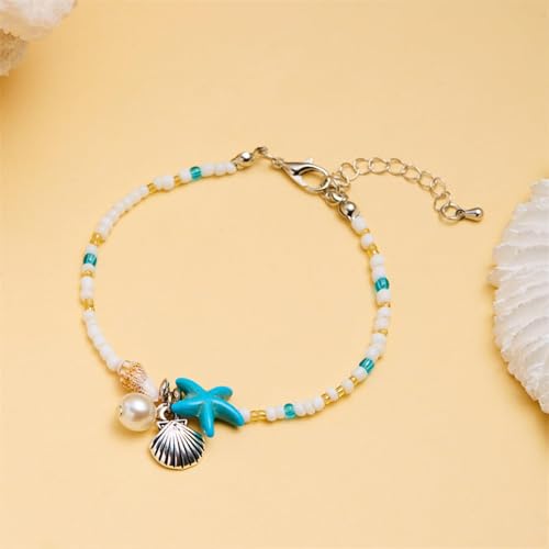 Ankle Bracelet for Women Beach Puka Shell Anklet Waterproof Starfish Seashell Pearl Anklets Stretch Beaded Ankle Bracelets Boho Beach Anklet Jewelry for Summer Beach Party - color: Blue