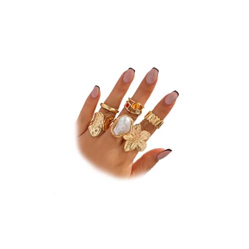 6Pcs Gold Flower Crystal Chunky Knuckle Rings Stacked for Women, Statement Stack Zirconia Hammered Geometry Irregular Baroque Pearl Open Ring Jewelry Gift - color: Gold