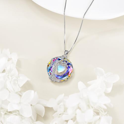 POPLYKE Mothers Day Gifts for Mom Her Wife Tree of Life Necklace 925 Sterling Silver Birthstone Pendant with Crystal Anniversary Birthday Wedding Jewelry for Women - color: 06-Jun-Moonstone, style: White Gold Plated-Volcano Crystal