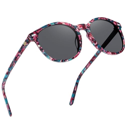 DUCO Women's Trendy Retro Round Acetate Polarized Sunglasses, UV400 99% Glare Block, Lightweight for Daily & Outdoor - color: 2. Candy Phoenix Frame Grey Lens