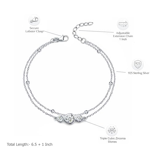 LeCalla 925 Sterling Silver Bracelet Jewelry Gift | Lightweight Italian Design Adjustable Love Bracelet | Link Chain with Lobster Claw Clasp Bracelet for Women Daughter Friendship Bracelet - color: CZ Studded Layered Bracelet