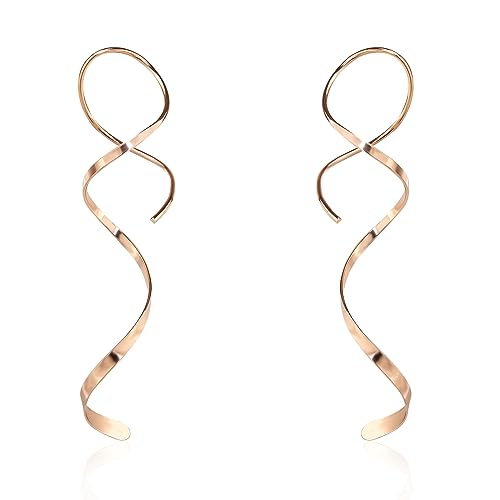 Handmade Spiral Threader Earrings Sterling Silver Hypoallergenic Twisted Pull Through Drop Dangle Earrings for Women - Silver & Gold - color: Long Rose Gold