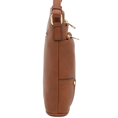 ALYSSA Triple Zip Pocket Large Crossbody Bag - color: Brown