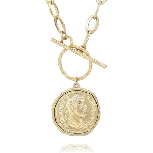 POMINA Chunky Thick Coin Necklace Trendy Fashion Statement Toggle Necklace Worn Gold Tone Pendant Thick Link Chain Layered Pearl Necklace - color: Coin_Worn Gold