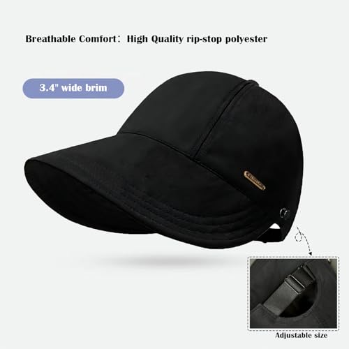 huablo]UPF 50+Womens Sun Hat UV Protection Hiking Fishing Hats Wide Brim Hat Adjustable Ponytail Packable Sun Cap - color: Black