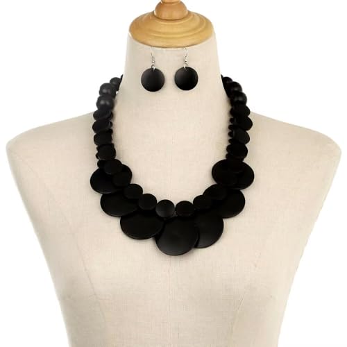Zian Colorful Wooden Round Beaded Necklace Earrings Jewelry Set for Women Multicolor African Wood Beads Geometric Ethnic Choker Bohemian Statement Accessories - color: Black