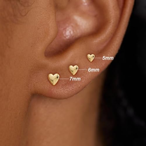 3 Pair Tiny Flat Back Earrings for Women - 14K Gold/White Gold Plated Dainty Cute Small Screw Flatback Stud Earring, Everyday Wear Gift - color: Heart Flat-5/6/7mm Gold