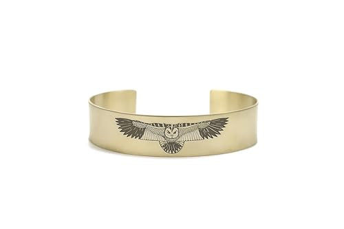 Owl Totem Gold Bracelet - Bird of Wisdom Open Cuff - Engraved Gold Owl Bangle