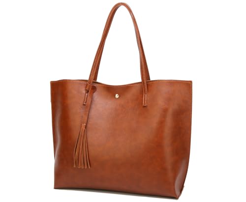 Dreubea Women's Soft Faux Leather Tote Shoulder Bag from, Big Capacity Tassel Handbag - color: Brown New Style