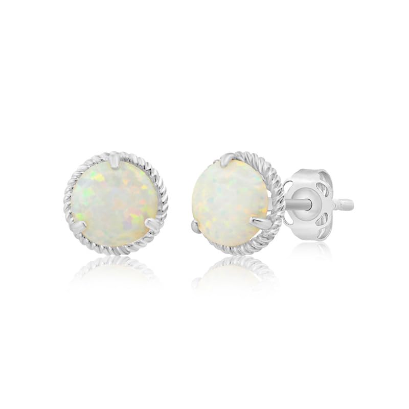 14k White or Yellow Gold Roped Halo Gemstone Round Stud Earrings for Women 6mm Birthstone with Push Backs by MAX + STONE - color: Created-Opal