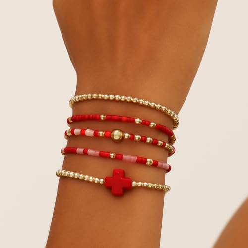 Gold Beaded Cross Bracelet for Women, 14K Plated Adjustable Stackable Dainty Bracelets, Non Tarnish Fashion Jewelry Set Gifts for Women Birthday Friendship - color: Colors-11