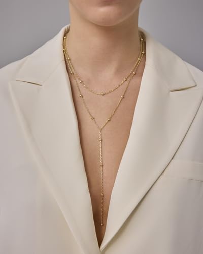 PAVOI 14K Gold Plated Drop Lariat Chain for Women - Cubic Zirconia Long Necklace - Station Star Layered Beaded Y Necklace - style: Beaded