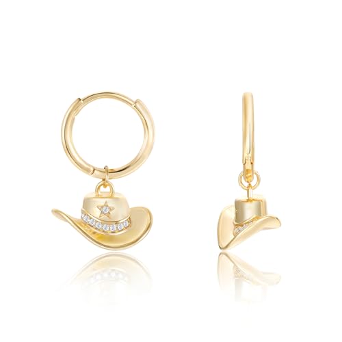 Mameloly Cowgirl Earrings for Women CZ 14K Gold Plated Western Cowboy Hat Dangle Hoop Earrings Cute Jewelry Hypoallergenic - color: 10 CZ Hat
