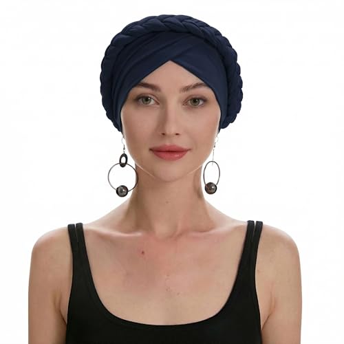 ZLYC Chemo Headwear for Women Pre Tied Turban Headwear Lightweight Beanie Hat - color: Braid Navy