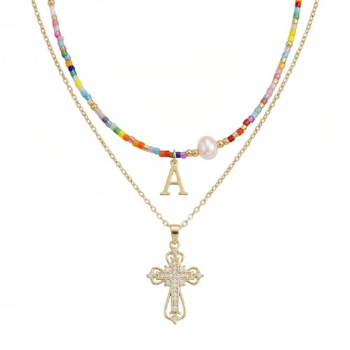 Colorful Pearl Beaded Initial Choker Necklaces for Women, Boho Handmade Personalized Seed Beads Letter Name Necklace Beach Surfer Bohemian Jewelry Gift - color: Cross L